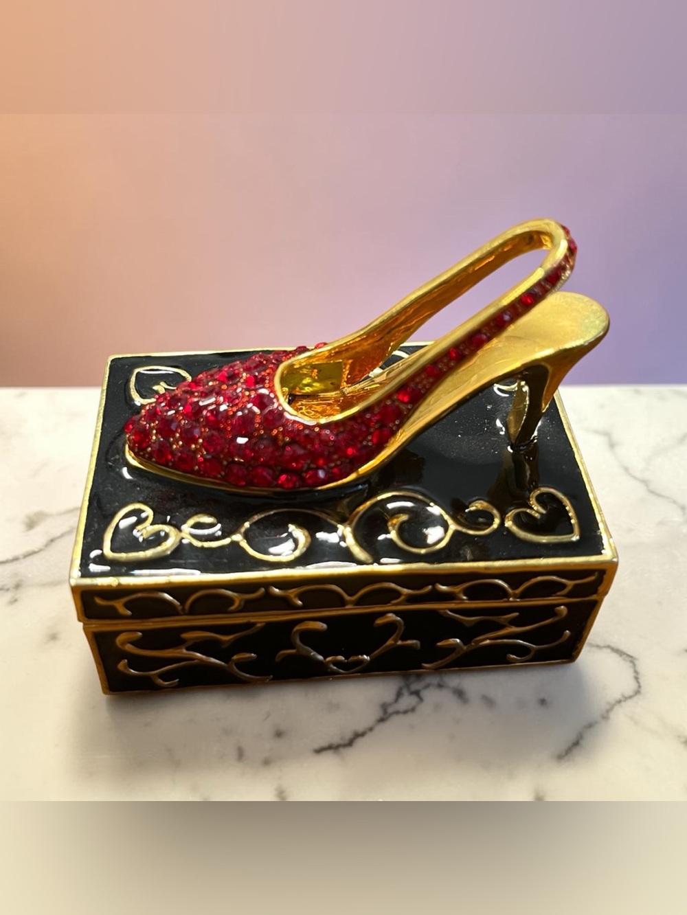 Vintage, ruby, red enamel, high heel trinket box